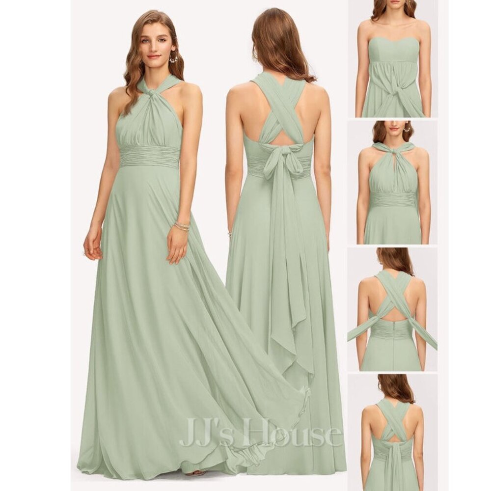 (14) Convertible A-line Halter One Shoulder V-Neck Floor-Length Chiffon Dress
